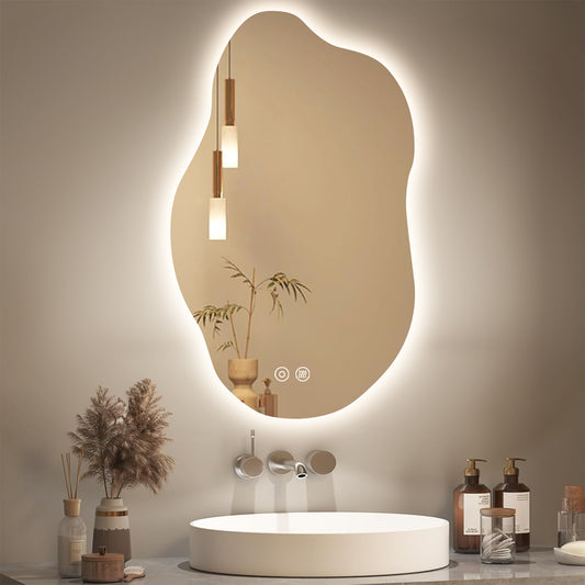 Anoak LED Bathroom Mirror with Lights, 20"x 33" Asymmetrical Cloud Lighted Anti-fog Vanity Mirror for Wall, 3 Colors Dimmable Memory Function