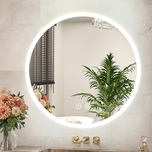 Anoak 24" Round LED Bathroom Mirror with Lights, Front Lit Circle LED Mirror, Wall-Mounted Vanity Mirror for Wall, 3 Colors Temp, Anti-Fog, Dimmable, Shatter-Proof