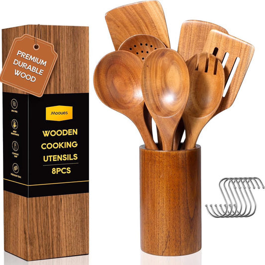 ACMETOP 8-Piece Natural Teak Wooden Spoons for Cooking With 10 Hooks,Handcrafted Kitchen Utensils Set ,Ideal Gift Set