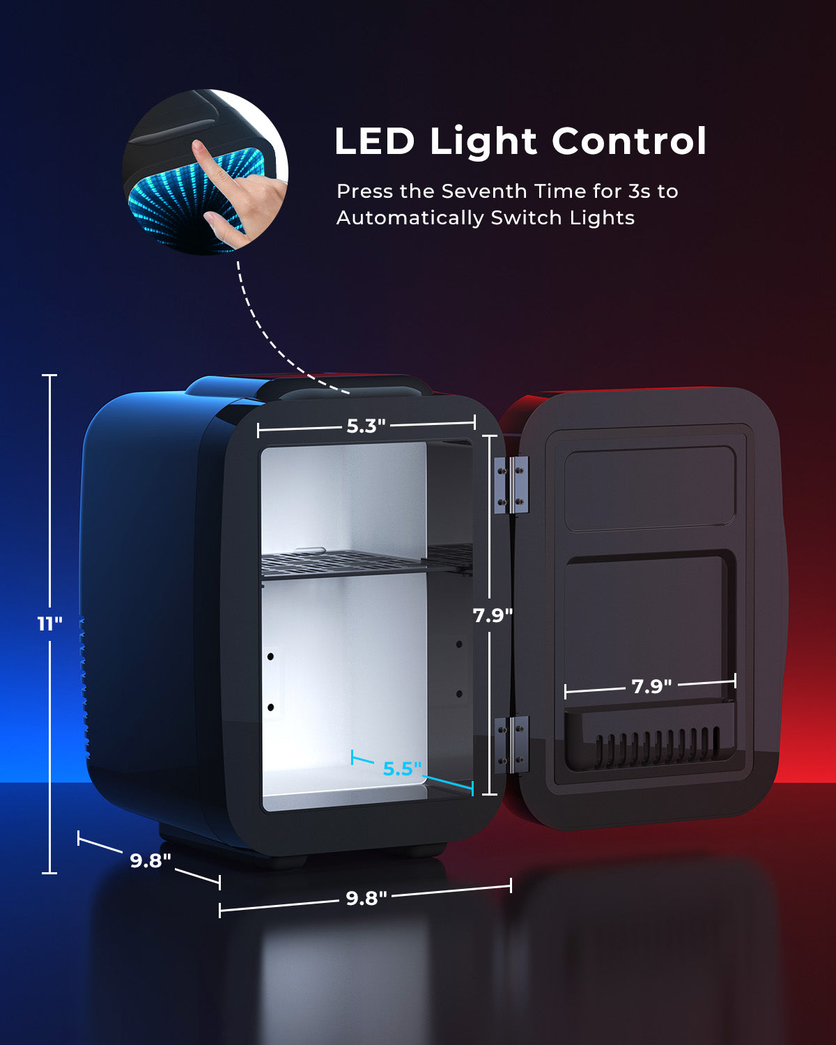 Mini Kühlschrank, 4L / 6 Dosen Leise Minikühlschrank, 7 RGB Lichtmodi, 2in1 Kühl- und Warmhaltefunktion für Getränke & Skincare, AC 220V / DC 12V, Mini Fridge für Gaming, Büro, Auto (Schwarz)