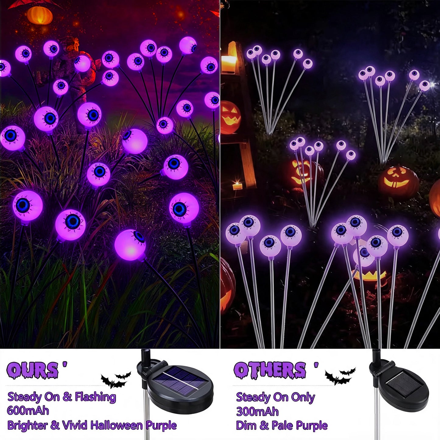 Morfone Halloween Decorations Outdoor, 2 Pack 12 LEDs Solar Scary Eyeball Lights, Waterproof Eyeball Swaying Firefly Lights, Halloween Path Lights for Garden Yard Party, Purple