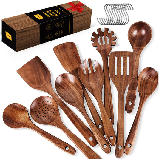 ACMETOP Wooden Spoons for Cooking, 10PCS Teak Wood Kitchen Utensils Set With 10 Hooks, Nonstick Cookware Utensil Set - Mother's Day Gift