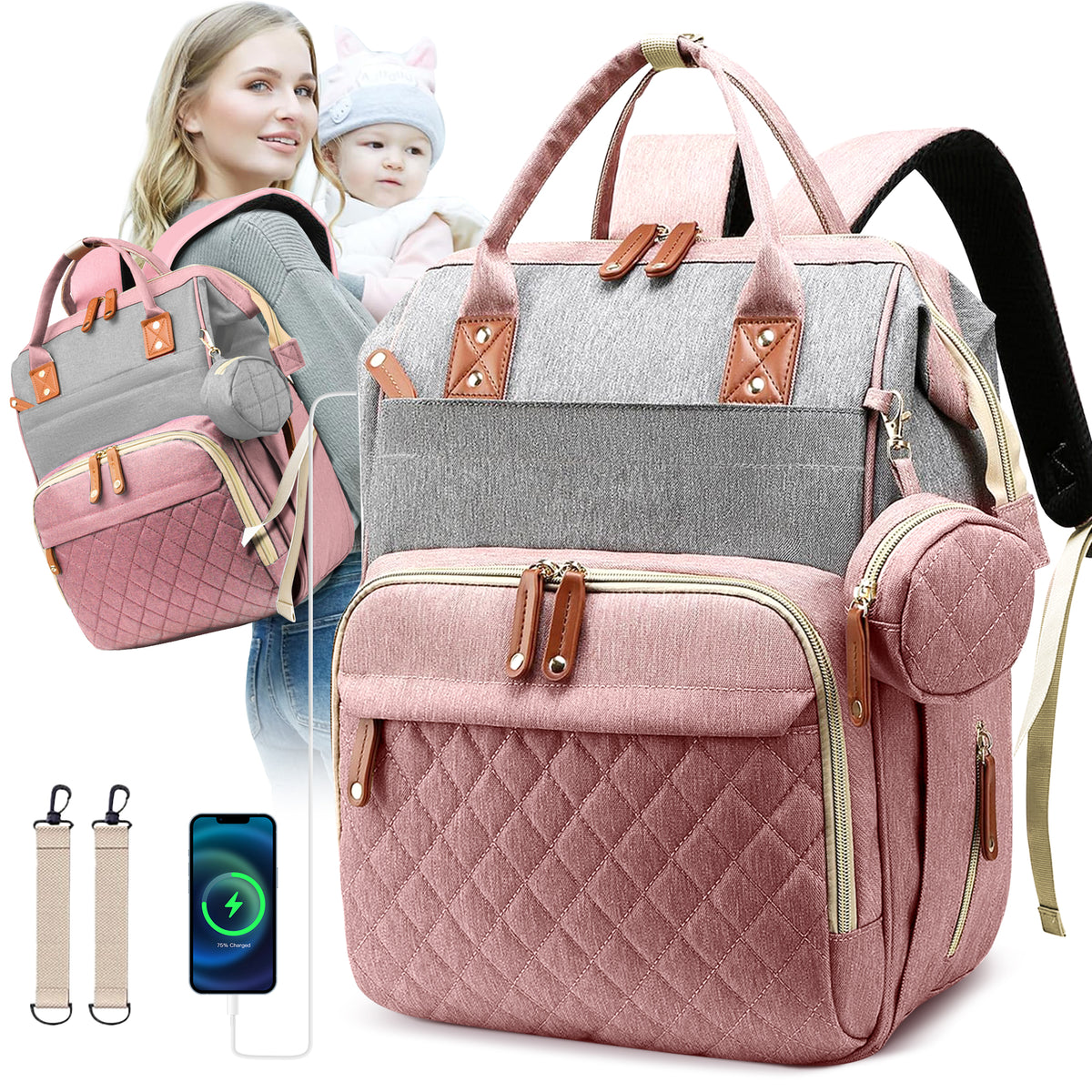 Morfone Baby Diaper Bag Backpack, Multifunction Waterproof Baby Bag with USB Charging Port, Stroller Straps & Pacifier Case Unisex, Pink
