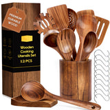 ACMETOP 12-Piece Natural Teak Wooden Spoons for Cooking With 10 Hooks，Handcrafted Kitchen Utensils Set ，Ideal Gift Set