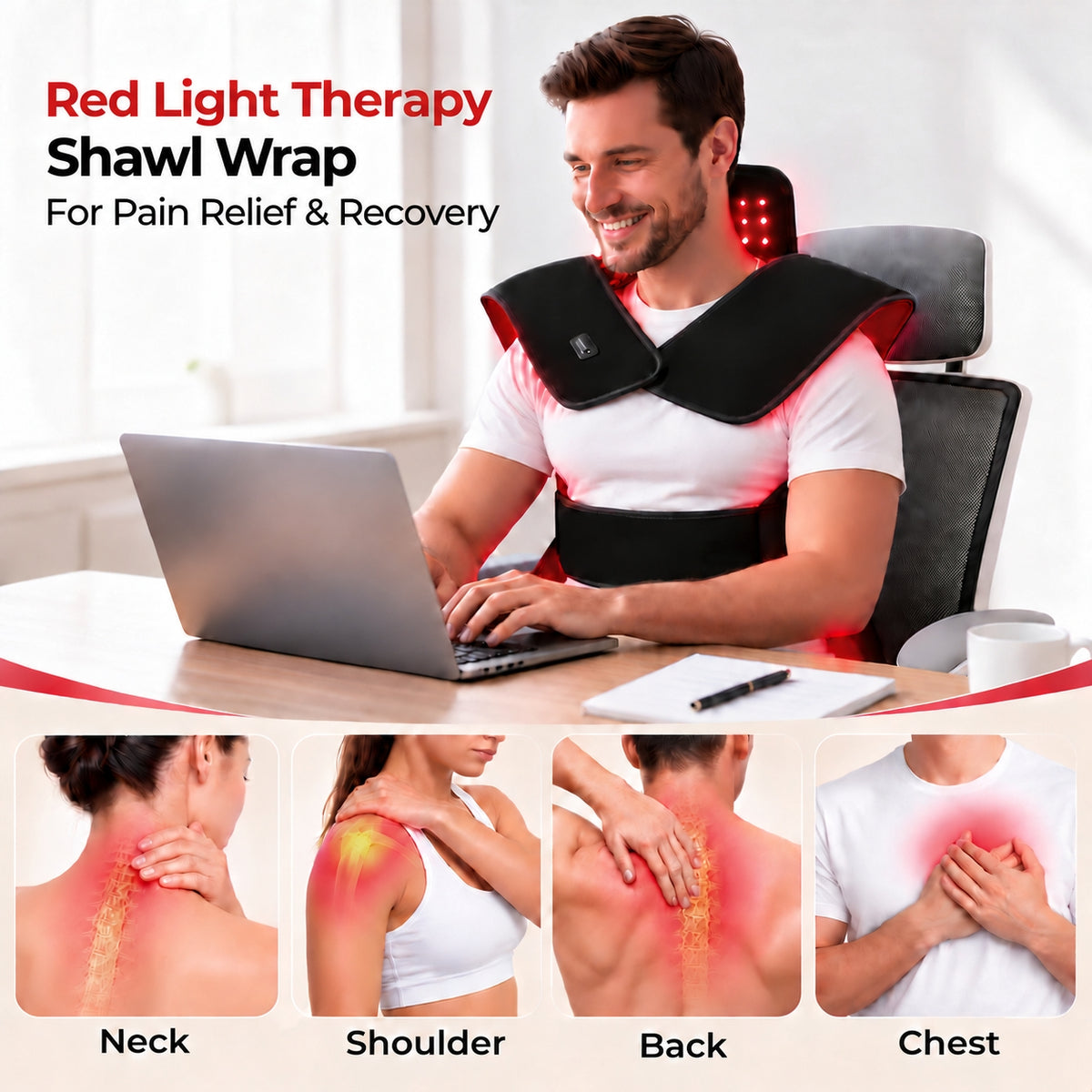 Morfone Red Light Shoulder Wrap with 3 Modes and 5 Levels, 3-in-1 Chip Red Light for Shoulder & Neck, 660nm & 850nm Infrared Light Pad with Timer for Home Use