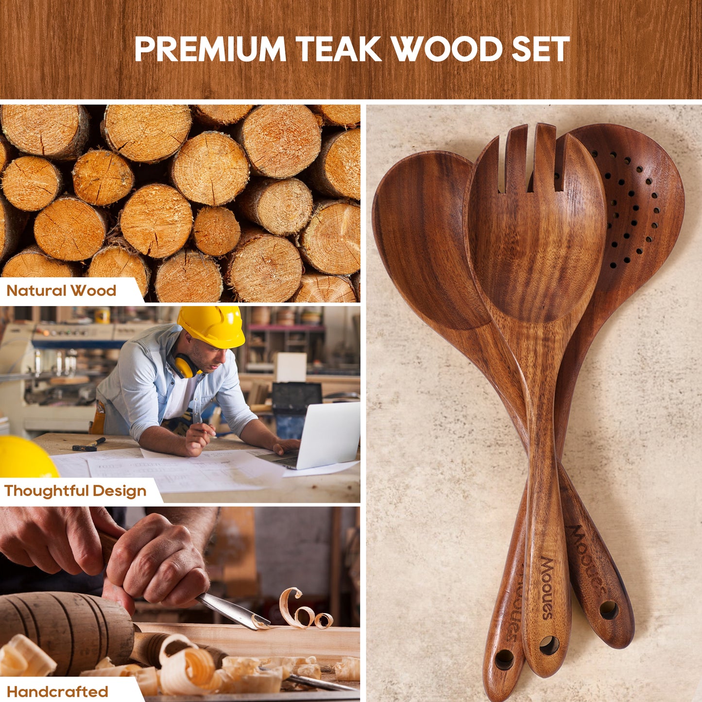 ACMETOP Wooden Spoons for Cooking, 10PCS Teak Wood Kitchen Utensils Set With 10 Hooks, Nonstick Cookware Utensil Set - Mother's Day Gift