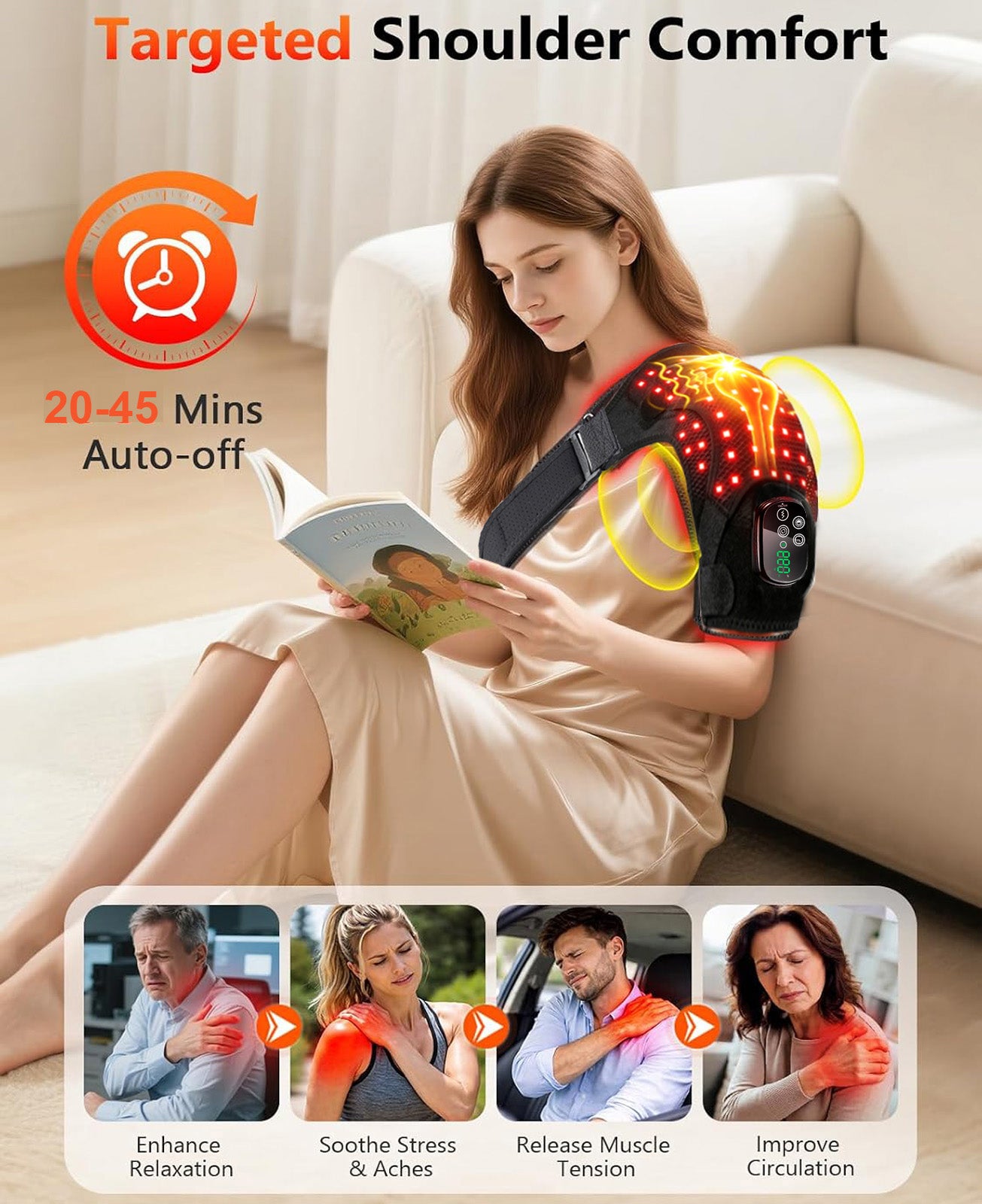 Morfone Cordless Red Light Shoulder Wrap with 3 Heat & 3 Vibration, Shoulder Massager Heating Pad, 660nm Red & 850nm near-Infrared Light,Black