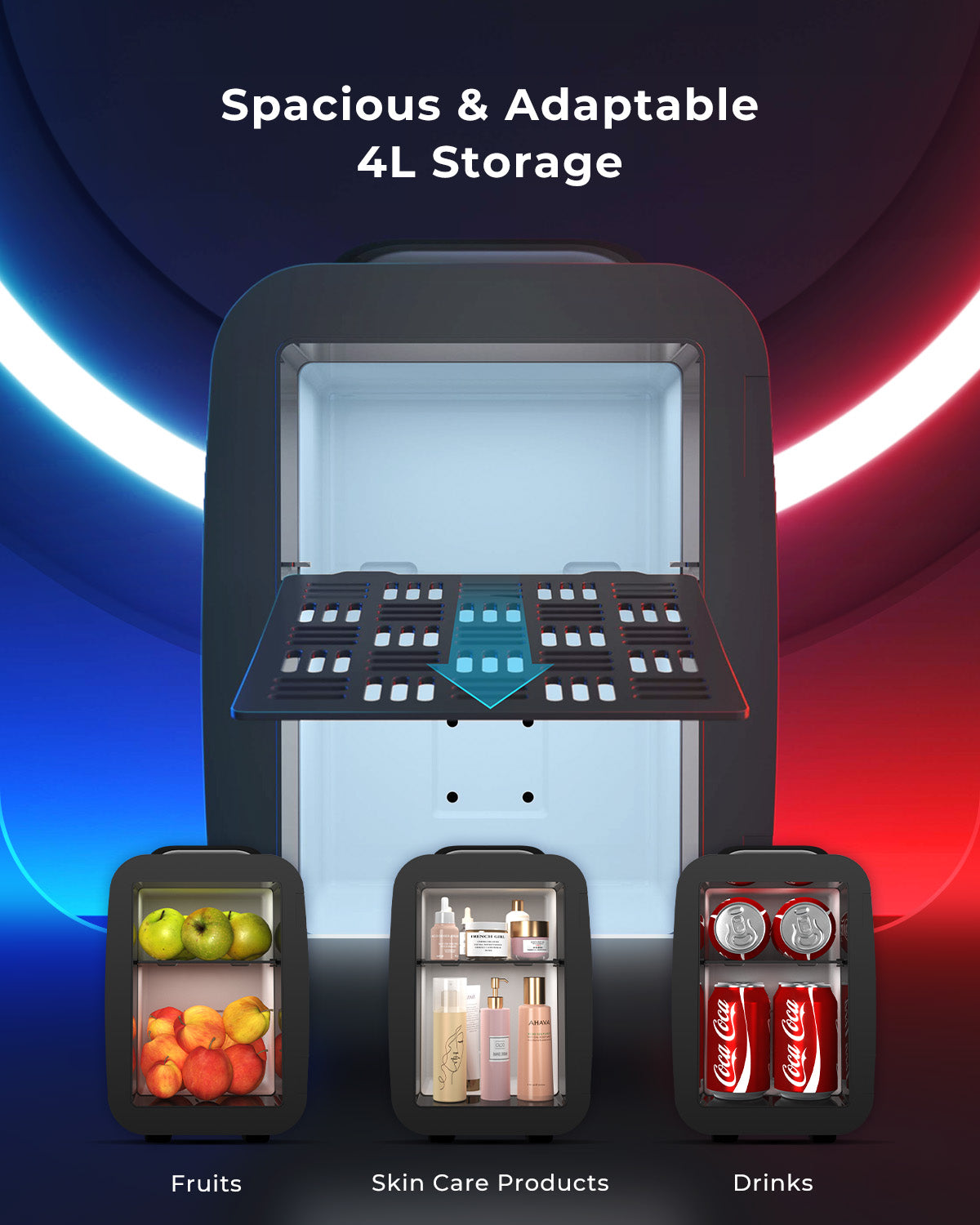 Mini Kühlschrank, 4L / 6 Dosen Leise Minikühlschrank, 7 RGB Lichtmodi, 2in1 Kühl- und Warmhaltefunktion für Getränke & Skincare, AC 220V / DC 12V, Mini Fridge für Gaming, Büro, Auto (Schwarz)