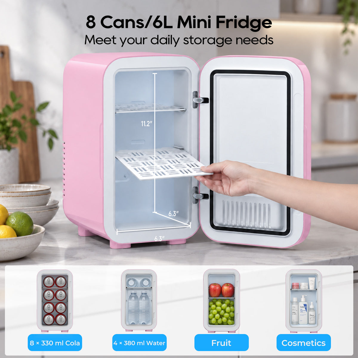 Mini Fridge, 6 Liter/8 Can Small Refrigerator, AC/DC Portable Skincare Fridge for Bedroom, Dorm, Office, Car, Pink