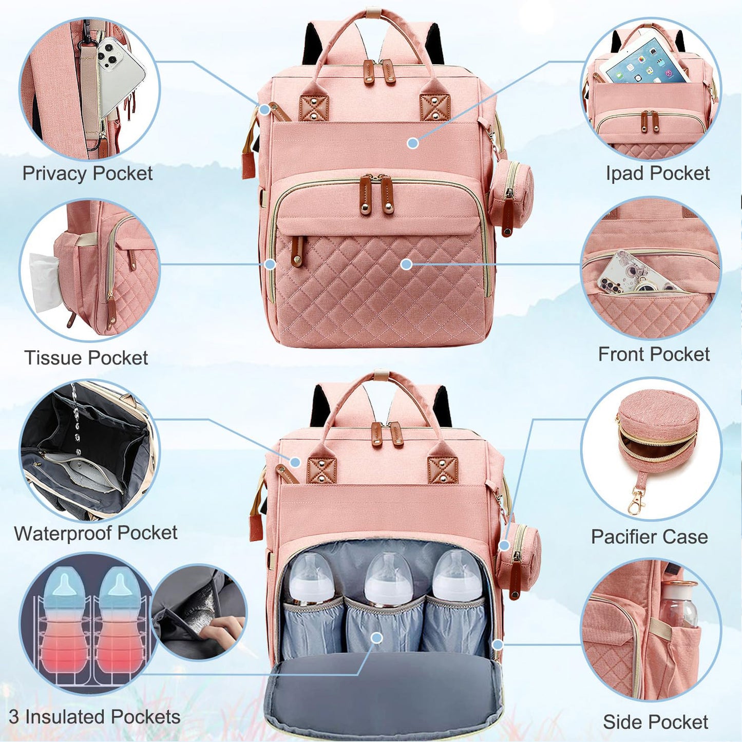 Morfone Baby Diaper Bag Backpack, Multifunction Waterproof Baby Bag with USB Charging Port, Stroller Straps & Pacifier Case Unisex, Pink