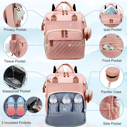 Morfone Baby Diaper Bag Backpack, Multifunction Waterproof Baby Bag with USB Charging Port, Stroller Straps & Pacifier Case Unisex, Pink