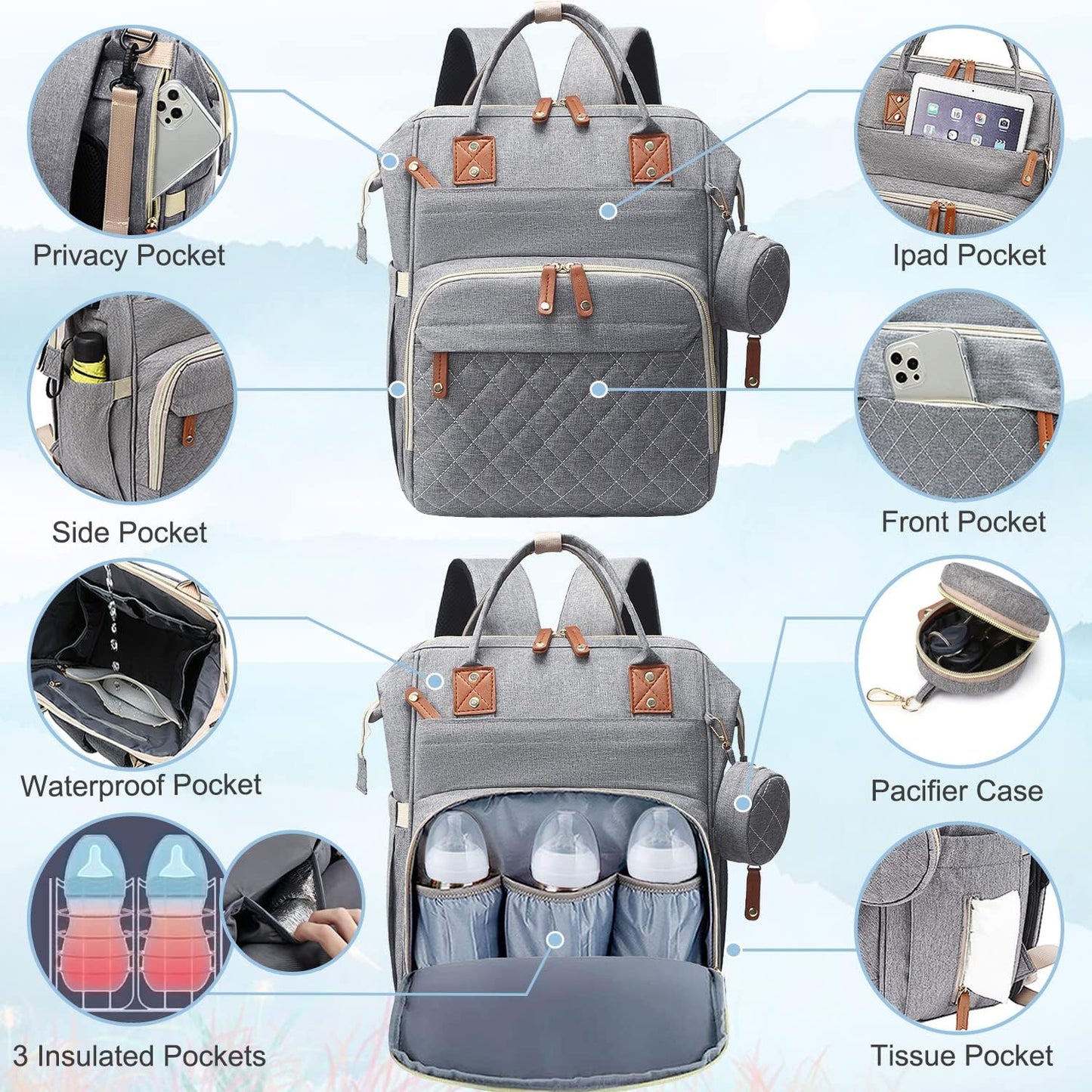 Morfone Baby Diaper Bag Backpack, Multifunction Waterproof Baby Bag with USB Charging Port, Stroller Straps & Pacifier Case Unisex, Gray