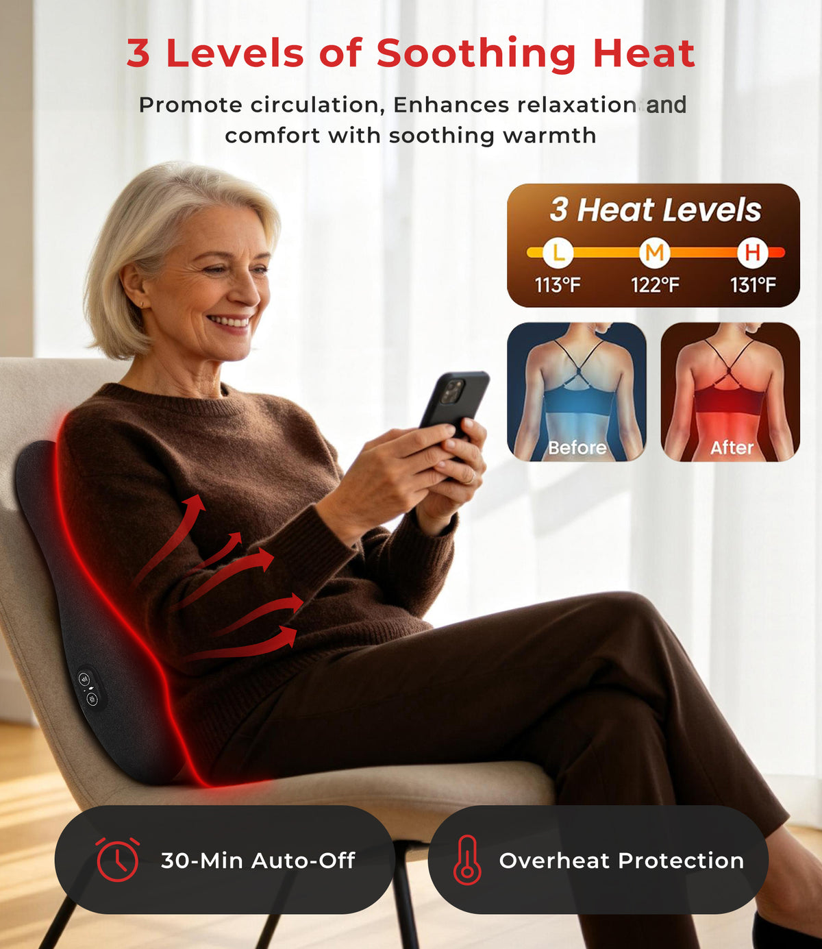 Morfone Lumbar Pillow with Heat and Vibration Massage, Ergonomic Lumbar Support Back Pillow for Lumbar Relaxation, Deep Tissue Massager for Office Chair, Car Seat and Sofa Use