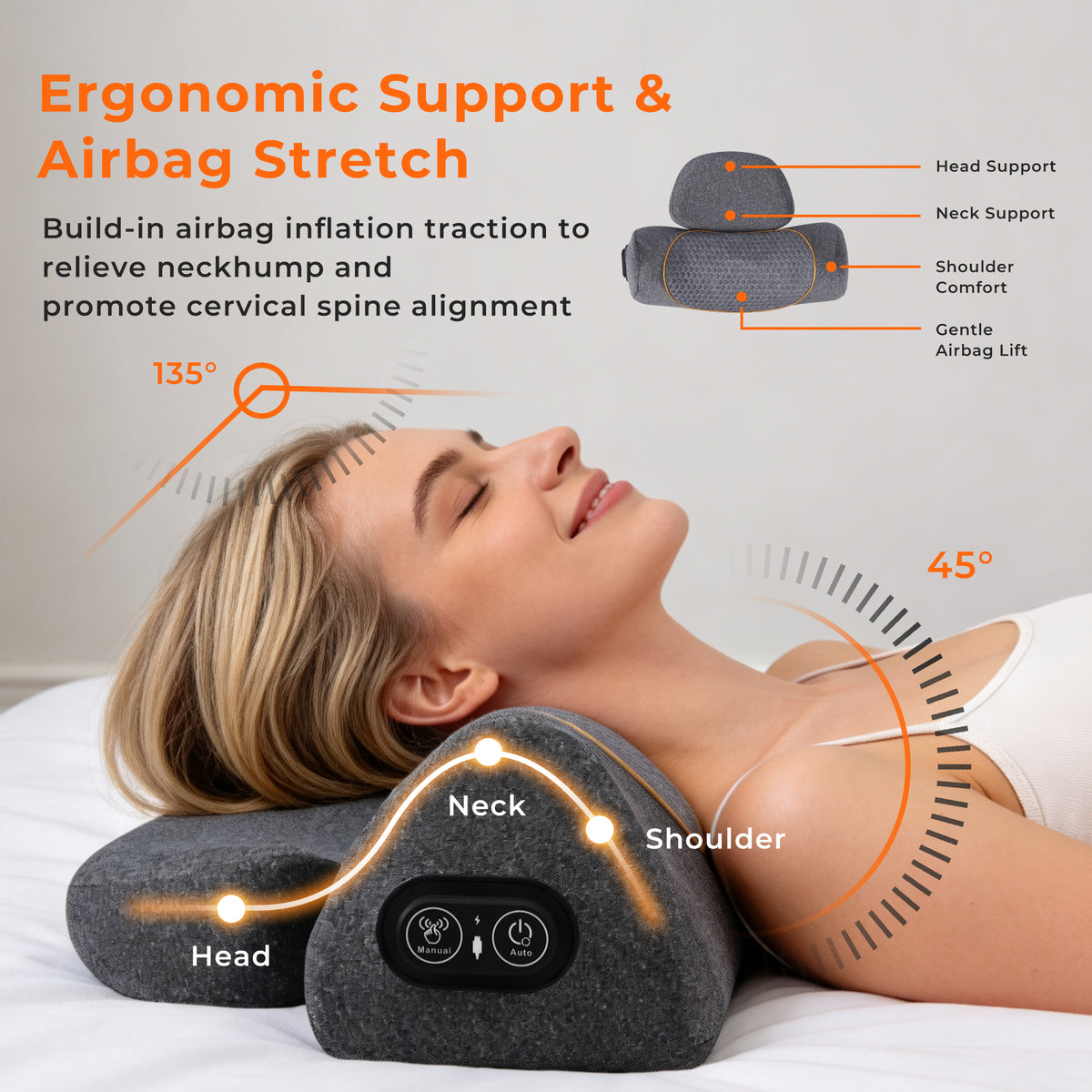 Morfone 3-in-1 Neck Massager Pillow with Heat, Vibration & Airbag Traction, Deep Tissue Massager for Bed, Sofa, Office, Home Use