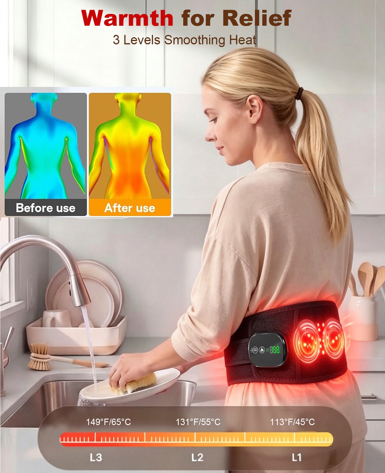 Morfone Cordless Heating Pad with Massager for Back, Portable Lower Back Massager with 3 Heat & 3 Vibration, Wearable Heat Belt Gift for Women Men