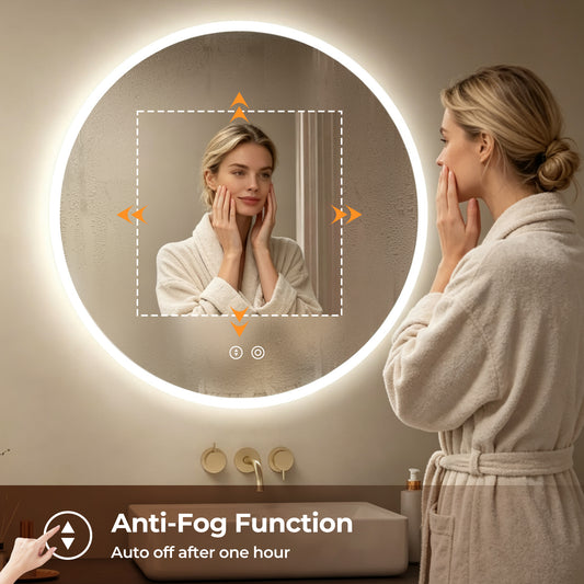 Anoak 24" Round LED Bathroom Mirror with Lights, Front Lit Circle LED Mirror, Wall-Mounted Vanity Mirror for Wall, 3 Colors Temp, Anti-Fog, Dimmable, Shatter-Proof