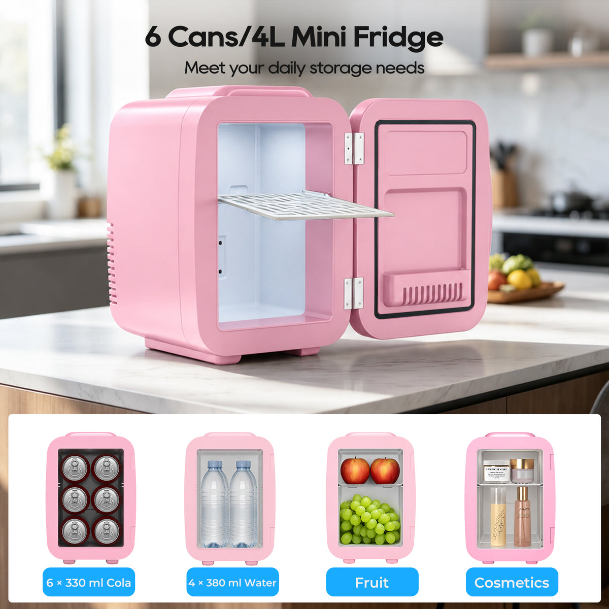 Mini Fridge for Bedroom, 4L/6 Can Small Refrigerator, Skincare Fridge for Drinks, Cosmetics, Beverage, Food, Pink