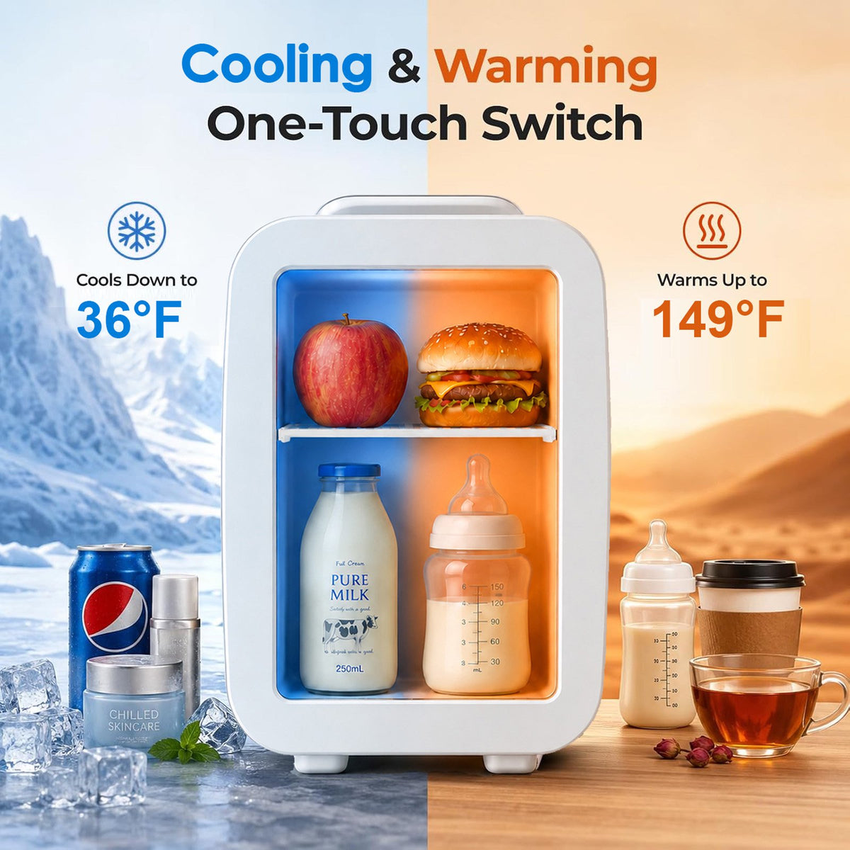 BEICHEN Mini Fridge, 4 Liter/6 Can Small Fridge for Bedroom, Car, Office, Brushed Finish, AC/DC