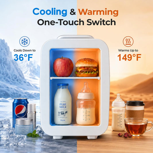 Mini Fridge, 4 Liter/6 Can Small Refrigerator, Brushed Silver Stainless Skincare Fridge for Bedroom, Car, Office, Dorm, White