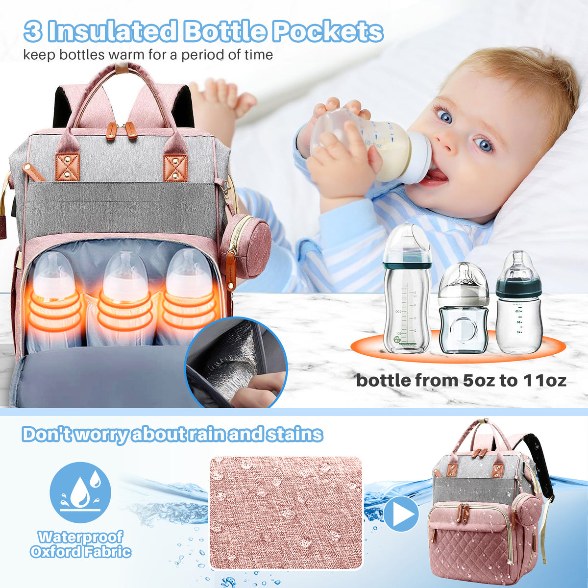 Morfone Baby Diaper Bag Backpack, Multifunction Waterproof Baby Bag with USB Charging Port, Stroller Straps & Pacifier Case Unisex, Pink