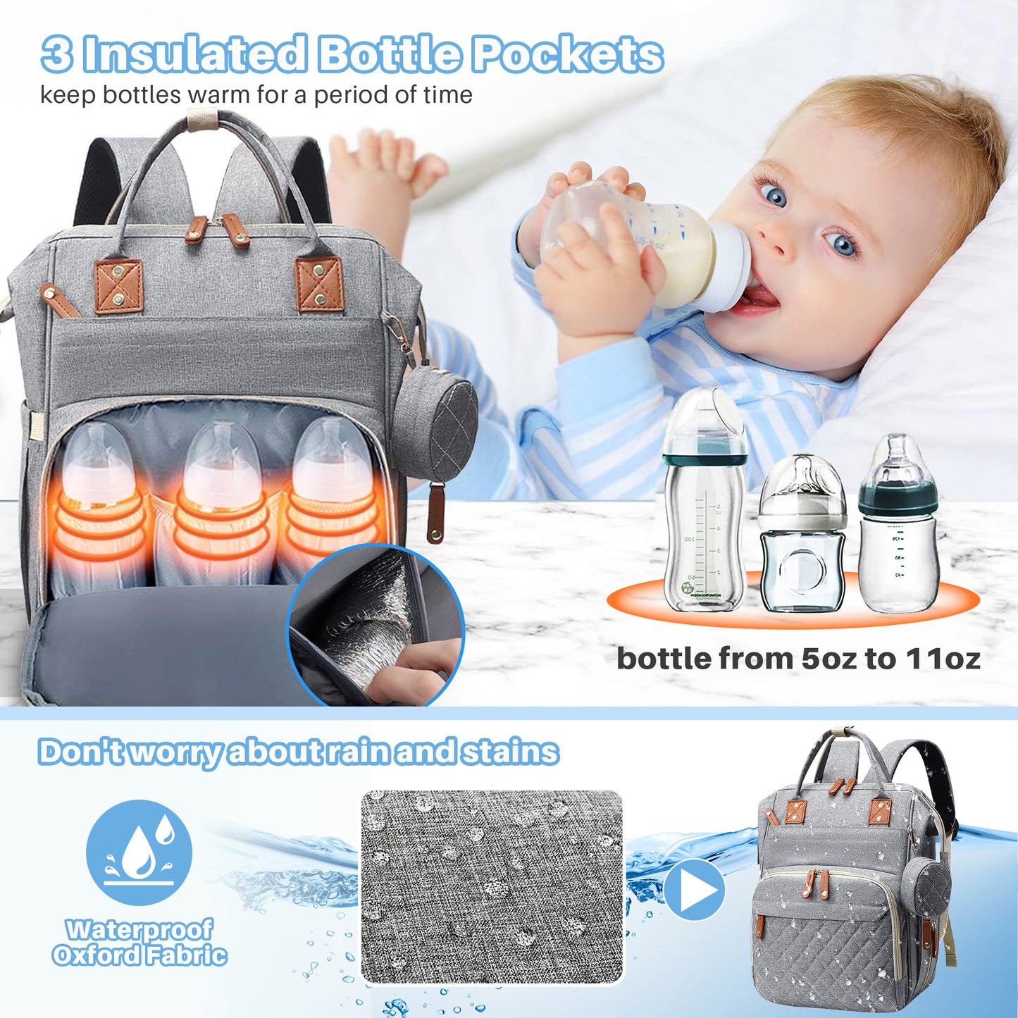 Morfone Baby Diaper Bag Backpack, Multifunction Waterproof Baby Bag with USB Charging Port, Stroller Straps & Pacifier Case Unisex, Gray