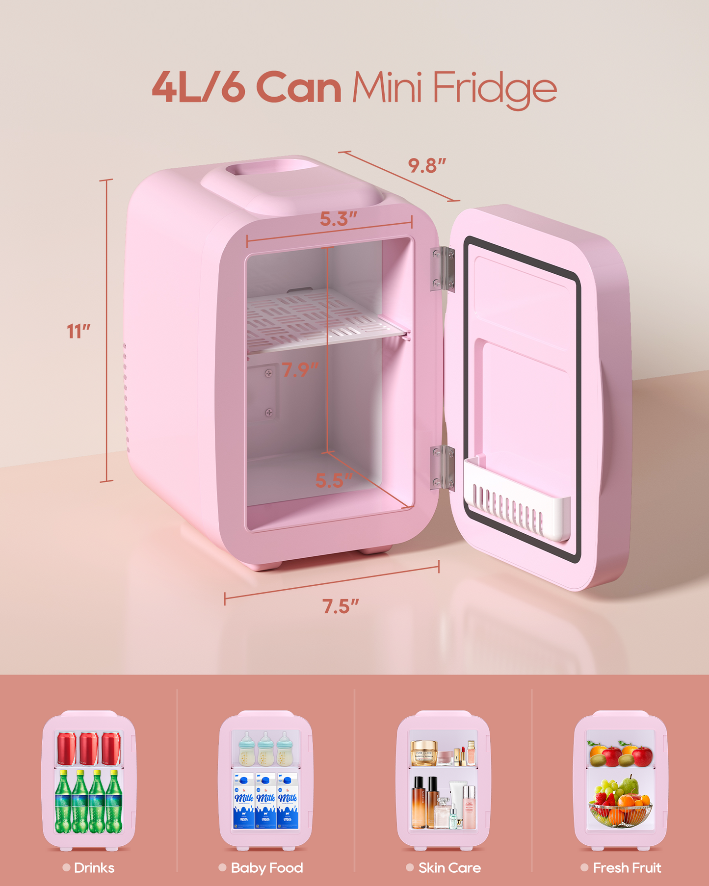 Pink Skincare Fridge | 4L Mini Cooler with Dimmable LED Mirror