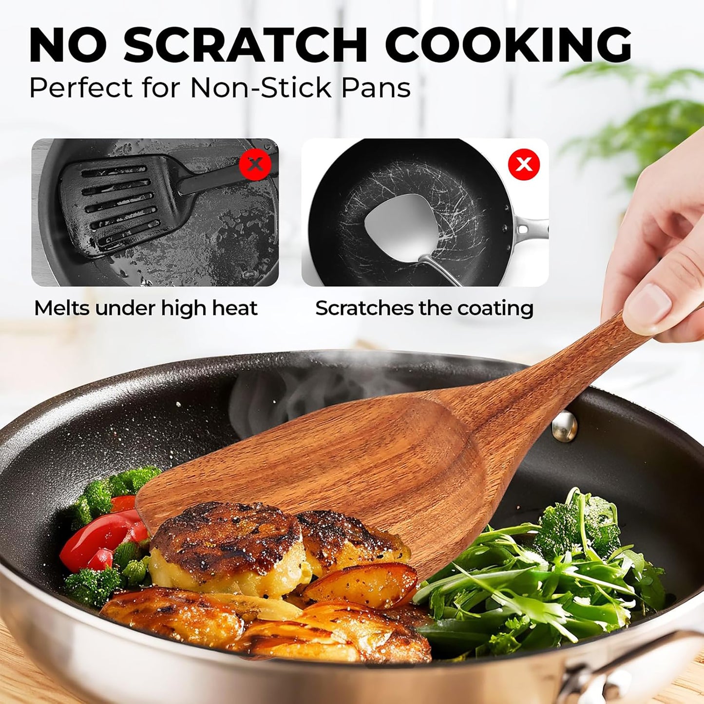 ACMETOP 12-Piece Natural Teak Wooden Spoons for Cooking With 10 Hooks，Handcrafted Kitchen Utensils Set ，Ideal Gift Set