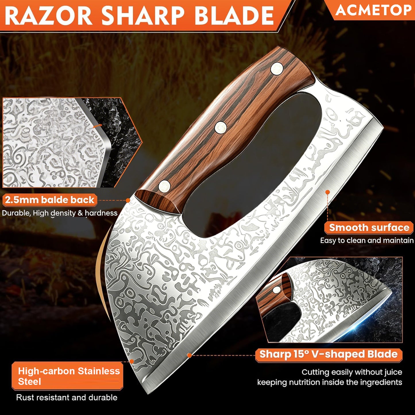 ACMETOP Kitchen Knife Meat Cleaver Knife Unique Effort Saving Chef Knife Professional Stainless Steel Butcher Knife for Meat Vegetable Father Mother Christmas Gift