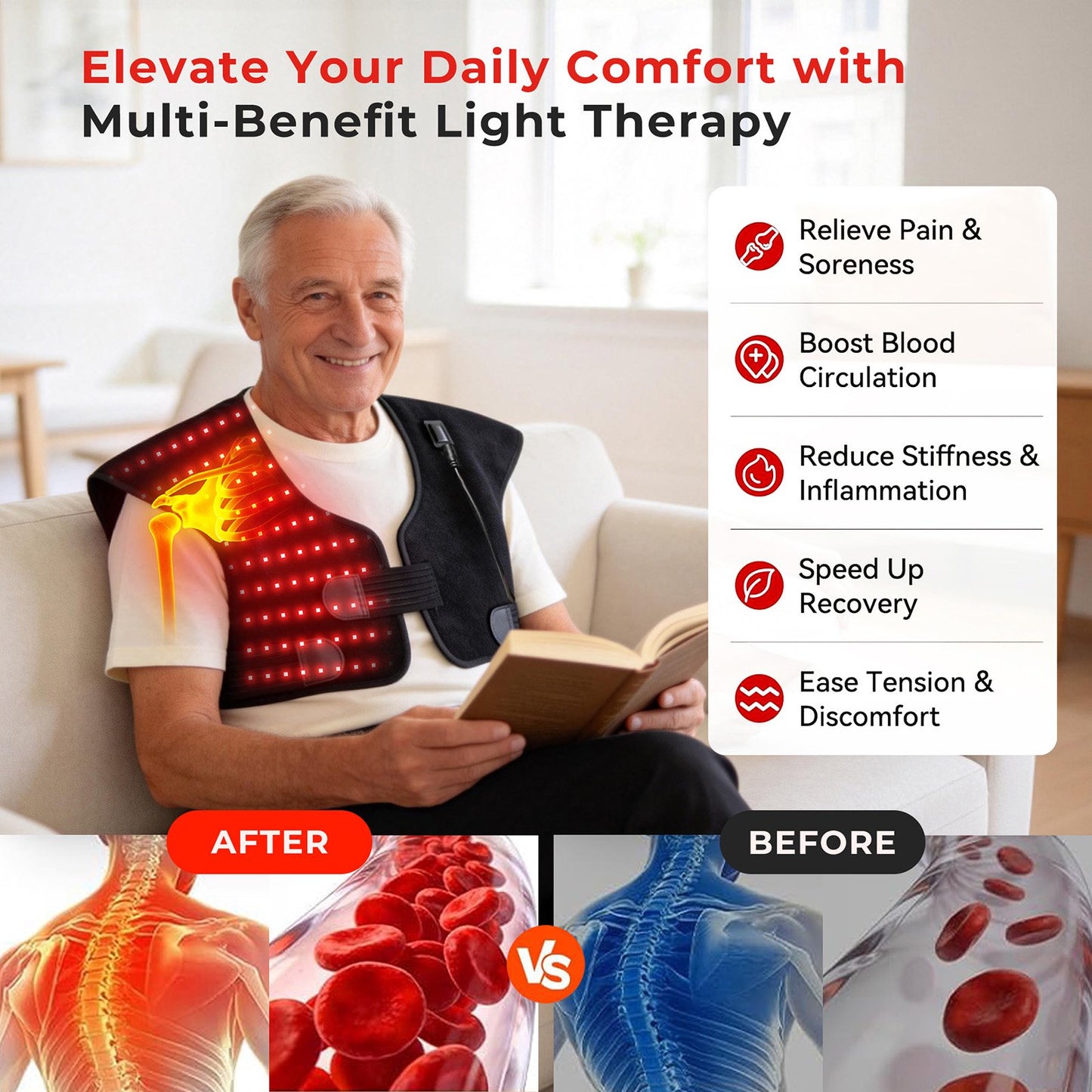 Morfone Red Light Shoulder Wrap, 3-in-1 Chip Red Light for Shoulder & Neck, 660nm & 850nm Infrared Light Pad with 3 Modes and 5 Levels for Home Use