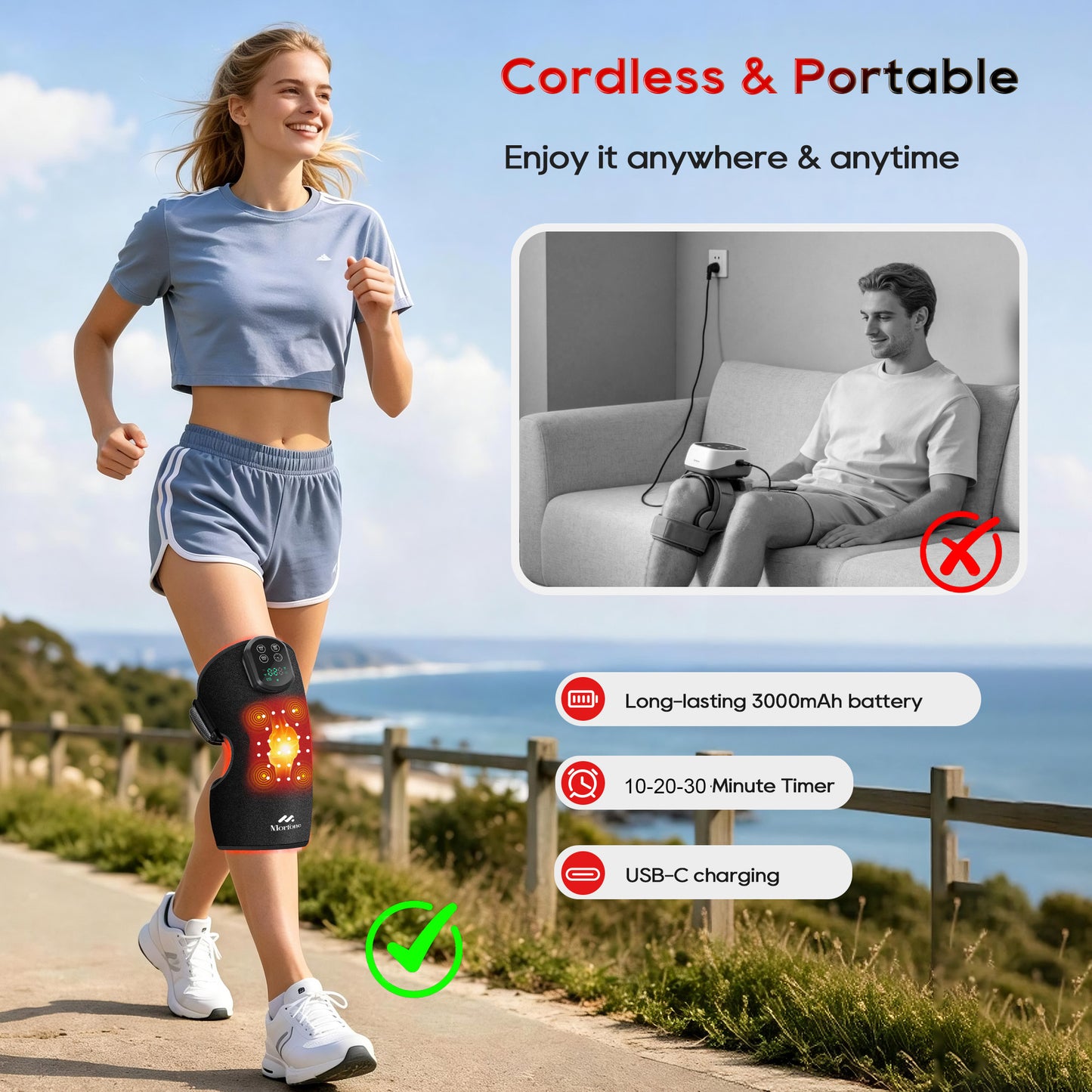 Morfone Red Light Knee Massager with Heat & Vibration, 660nm 850nm Infrared & Red Light for Knee Elbow, Cordless Heated Knee Brace, Gifts for Women Men