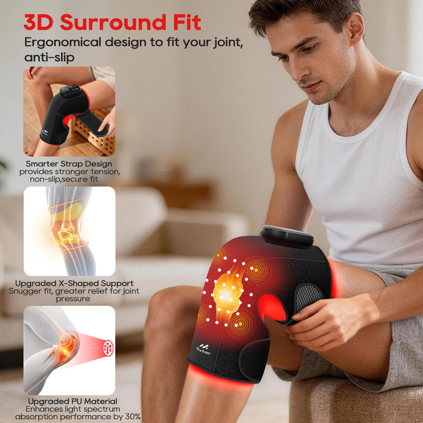 Morfone Cordless Red Light Knee Massager with 3 Heat & 3 Vibration, 660nm & 850nm Infrared Light Knee Brace with Timer，Ideal Gift for Women Man