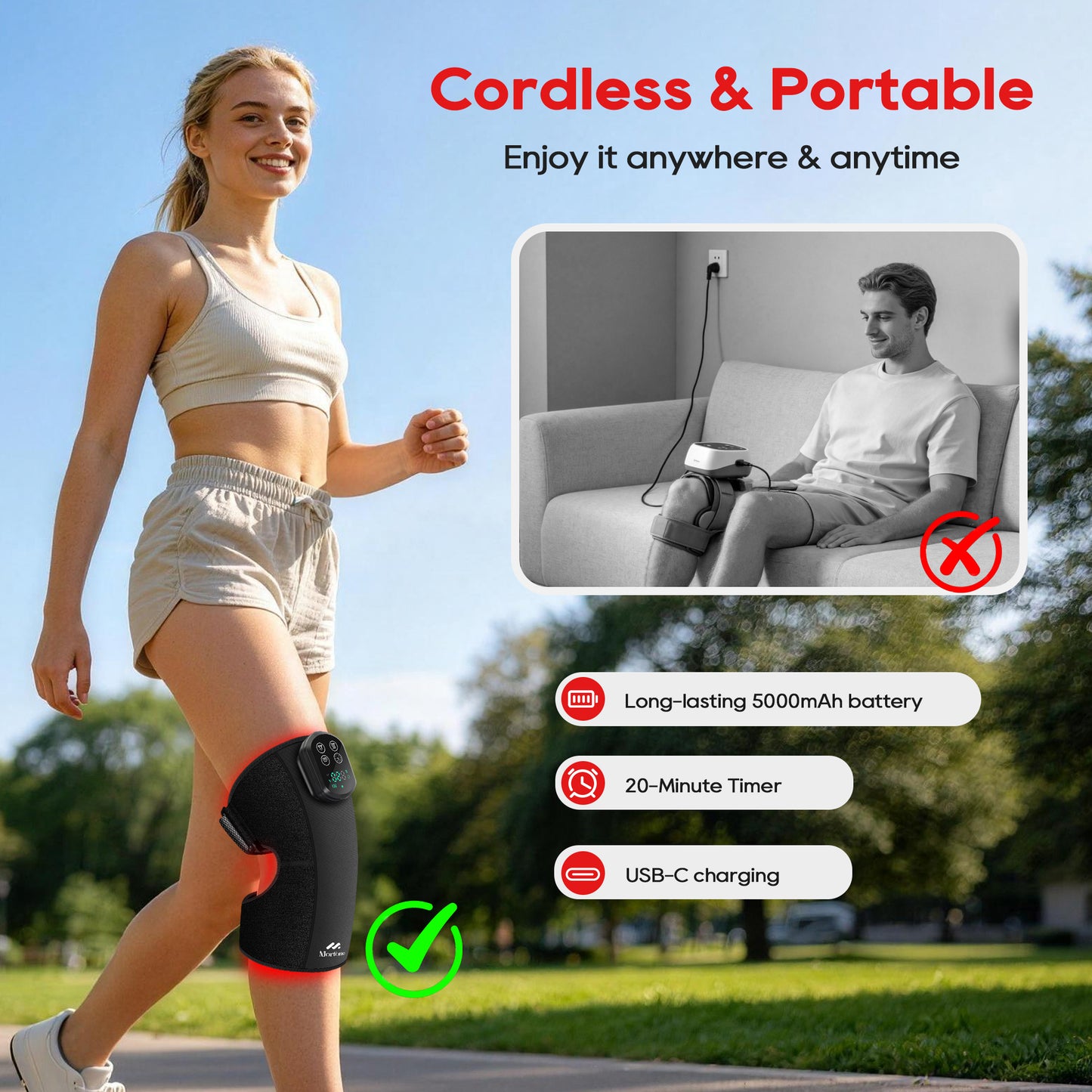 Morfone Cordless Red Light Knee Massager with 3 Heat & 3 Vibration, 660nm & 850nm Infrared Light Knee Brace with Timer，Ideal Gift for Women Man
