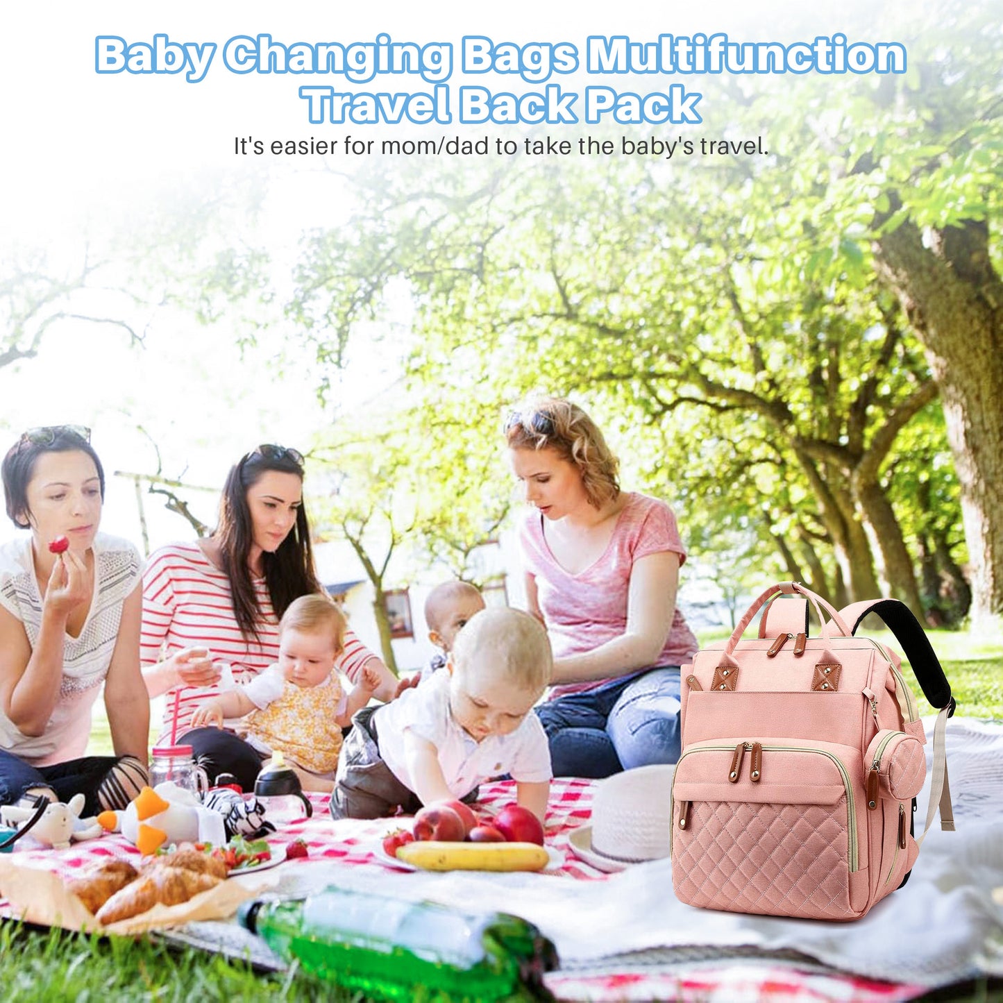 Morfone Baby Diaper Bag Backpack, Multifunction Waterproof Baby Bag with USB Charging Port, Stroller Straps & Pacifier Case Unisex, Pink
