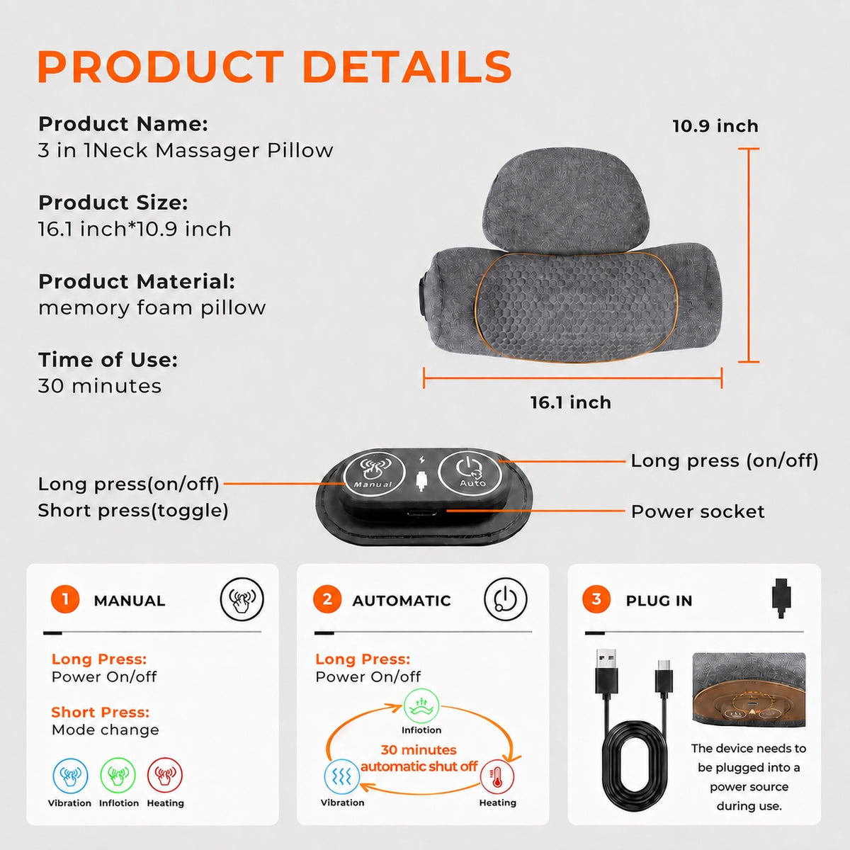 Morfone 3-in-1 Neck Massager Pillow with Heat, Vibration & Airbag Traction, Deep Tissue Massager for Bed, Sofa, Office, Home Use