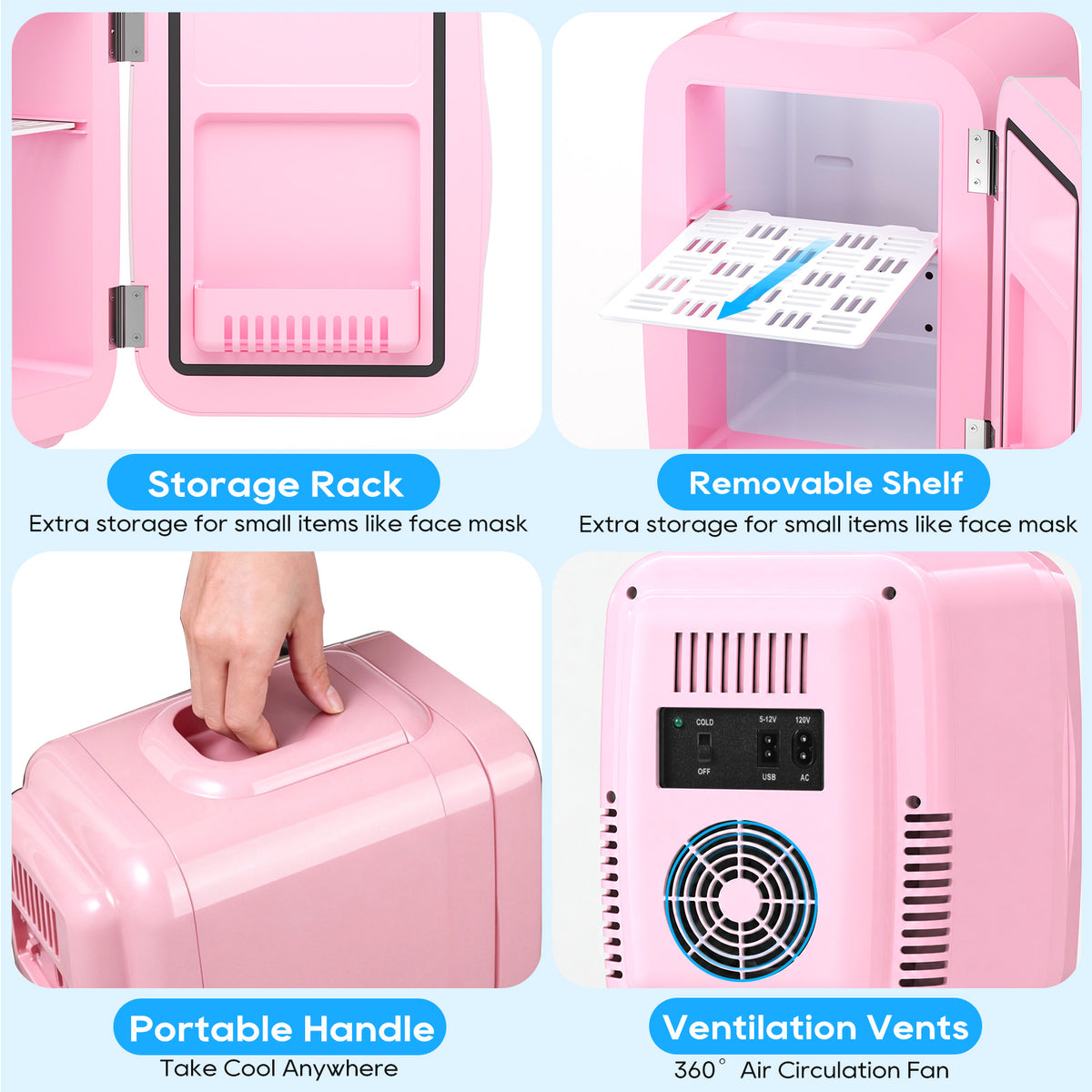 Mini Fridge for Bedroom, 4L/6 Can Small Refrigerator, Skincare Fridge for Drinks, Cosmetics, Beverage, Food, Pink