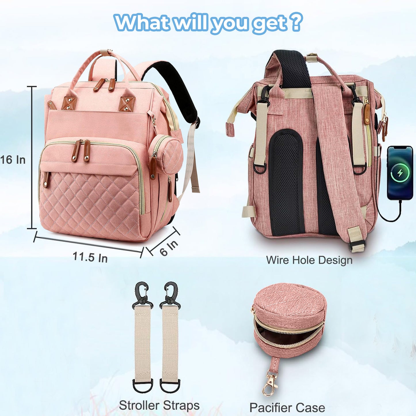 Morfone Baby Diaper Bag Backpack, Multifunction Waterproof Baby Bag with USB Charging Port, Stroller Straps & Pacifier Case Unisex, Pink