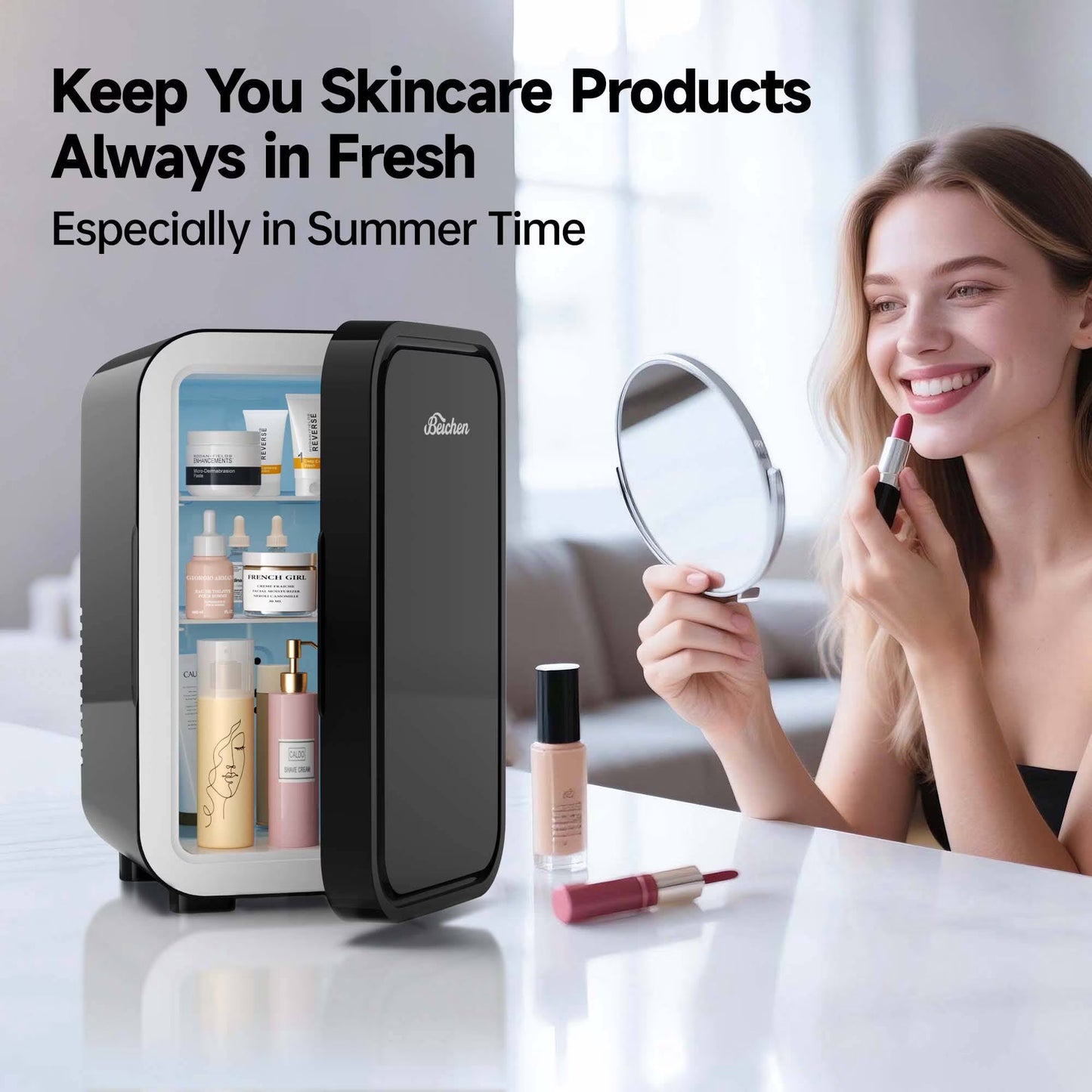 BEICHEN Mini Fridge, 6 Liter/8 Can Small Fridge, AC/DC Portable Skincare Fridge, Cooler and Warmer Refrigerators for Bedroom, Skincare, Beverage, Office, Dorm, Car, Black