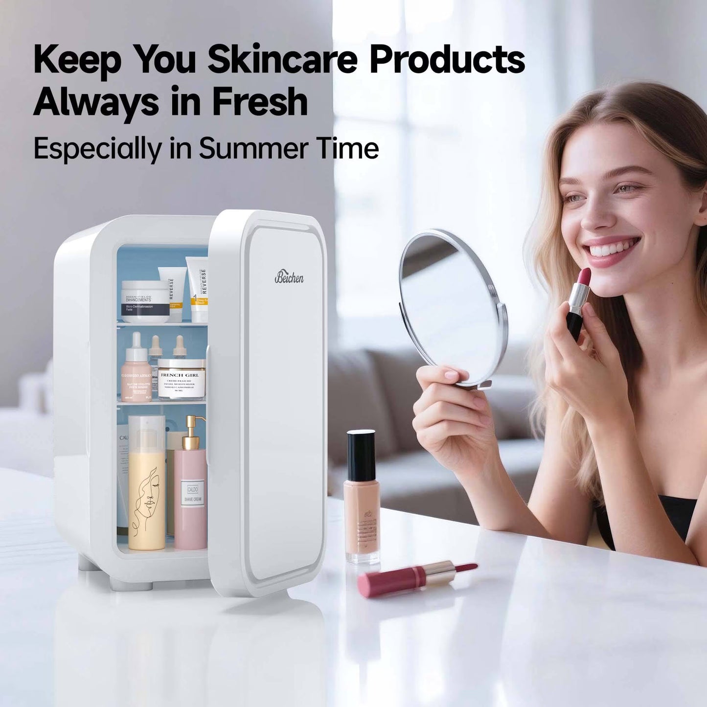 BEICHEN Mini Fridge, 6 Liter/8 Can Small Fridge, AC/DC Portable Skincare Fridge, Cooler and Warmer Refrigerators for Bedroom, Skincare, Beverage, Office, Dorm, Car, White