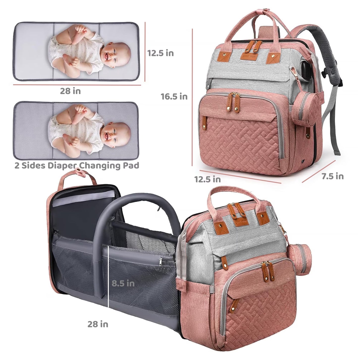 Morfone Diaper Bag Backpack with Changing Station, Waterproof Large Capacity Baby Bag with USB Charging Port & Pacifier Case - Unisex, Pink Gray