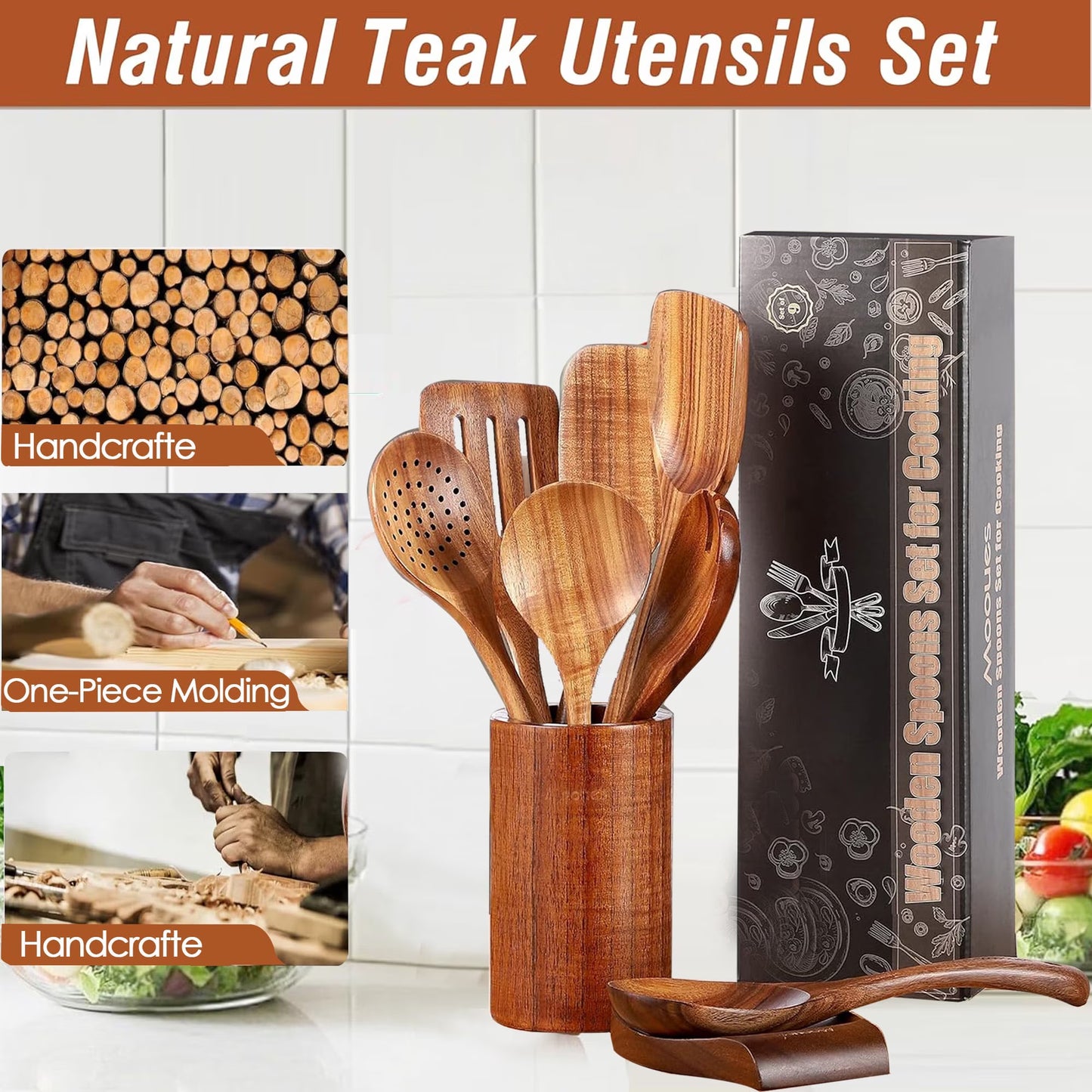 ACMETOP Wooden Spoons for Cooking, 5 Pcs Natural Teak Kitchen Utensil Set , Wooden Cooking Utensils Set for Nonstick Pans & Cookware