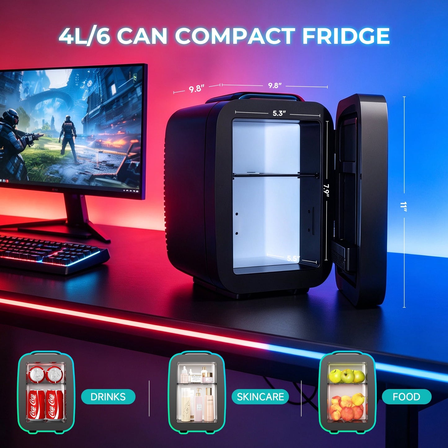 BEICHEN Mini Fridge, 4L/6 Can Small Beverage Refrigerator with LED Gaming Light, AC/DC Portable Cooler & Warmer for Bedroom, Office, Dorm, Car - Black