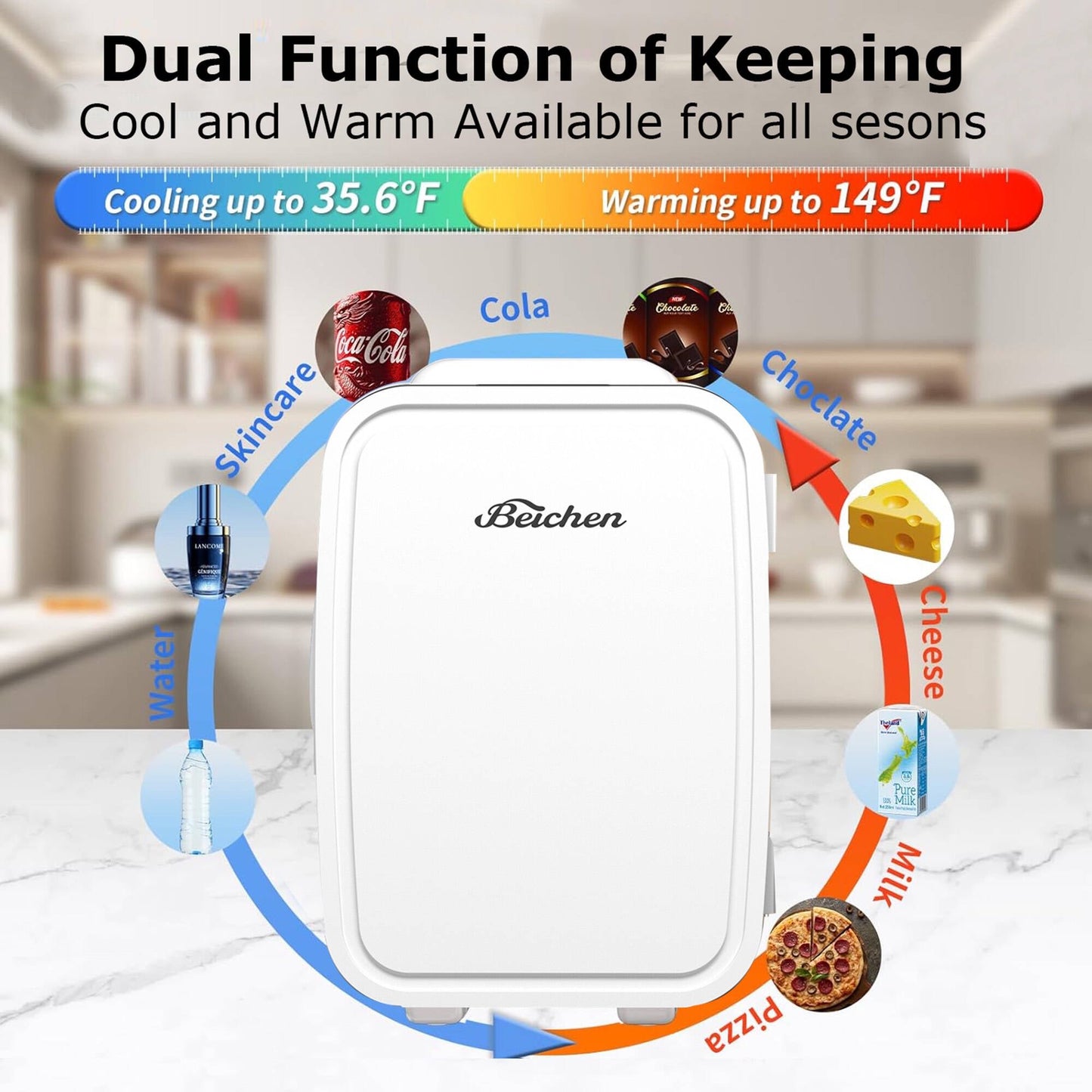 BEICHEN Mini Fridge, 4L/6 Can Small Refrigerator for Bedroom, Car, Office & Dorm,110V AC/ 12V DC Thermoelectric Cooler and Warmer for Cosmetics, Beverage and Food, White