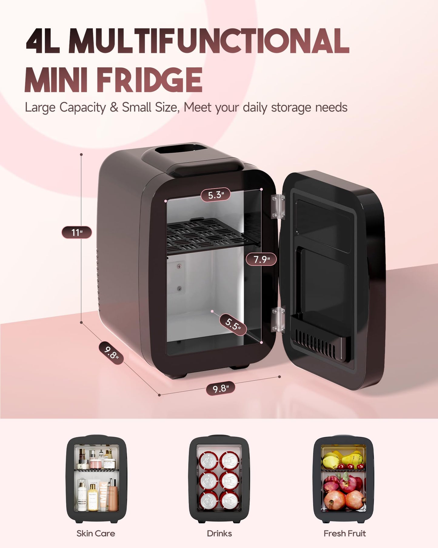 Black Skincare Fridge | Dimmable LED Mirror Mini Cooler for Vanity & Bedroom