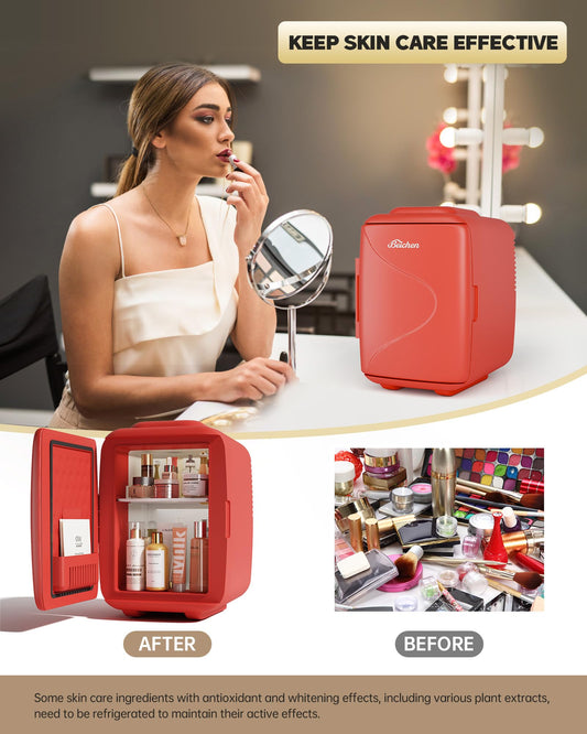 Red Mini Fridge for Bedroom, 4L Portable Refrigerator for Drinks & Skincare