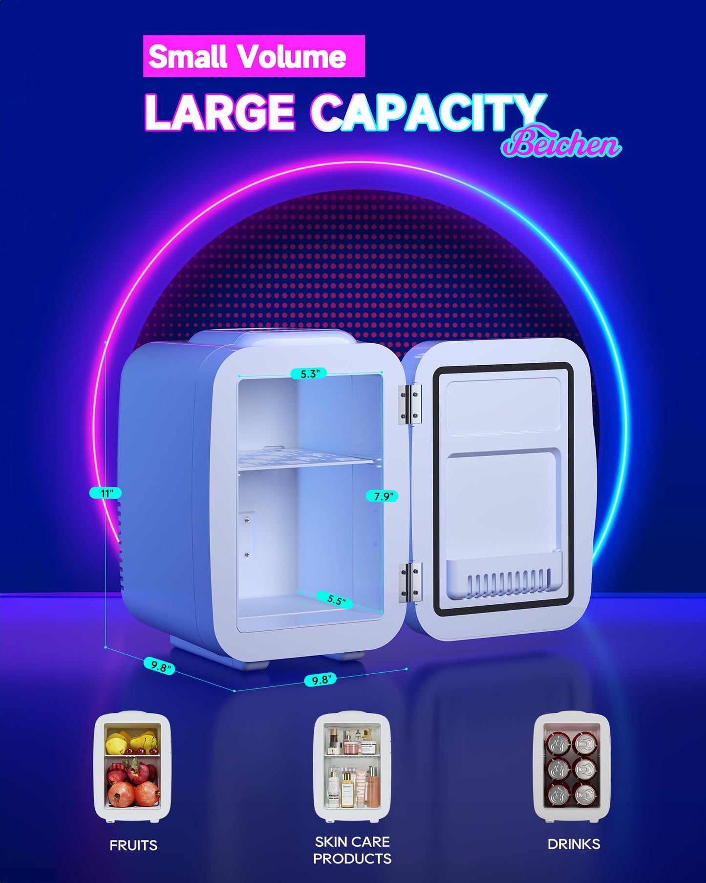 White Mini Fridge for Bedroom | 4 Liter Cooler with Dimmable LED Light