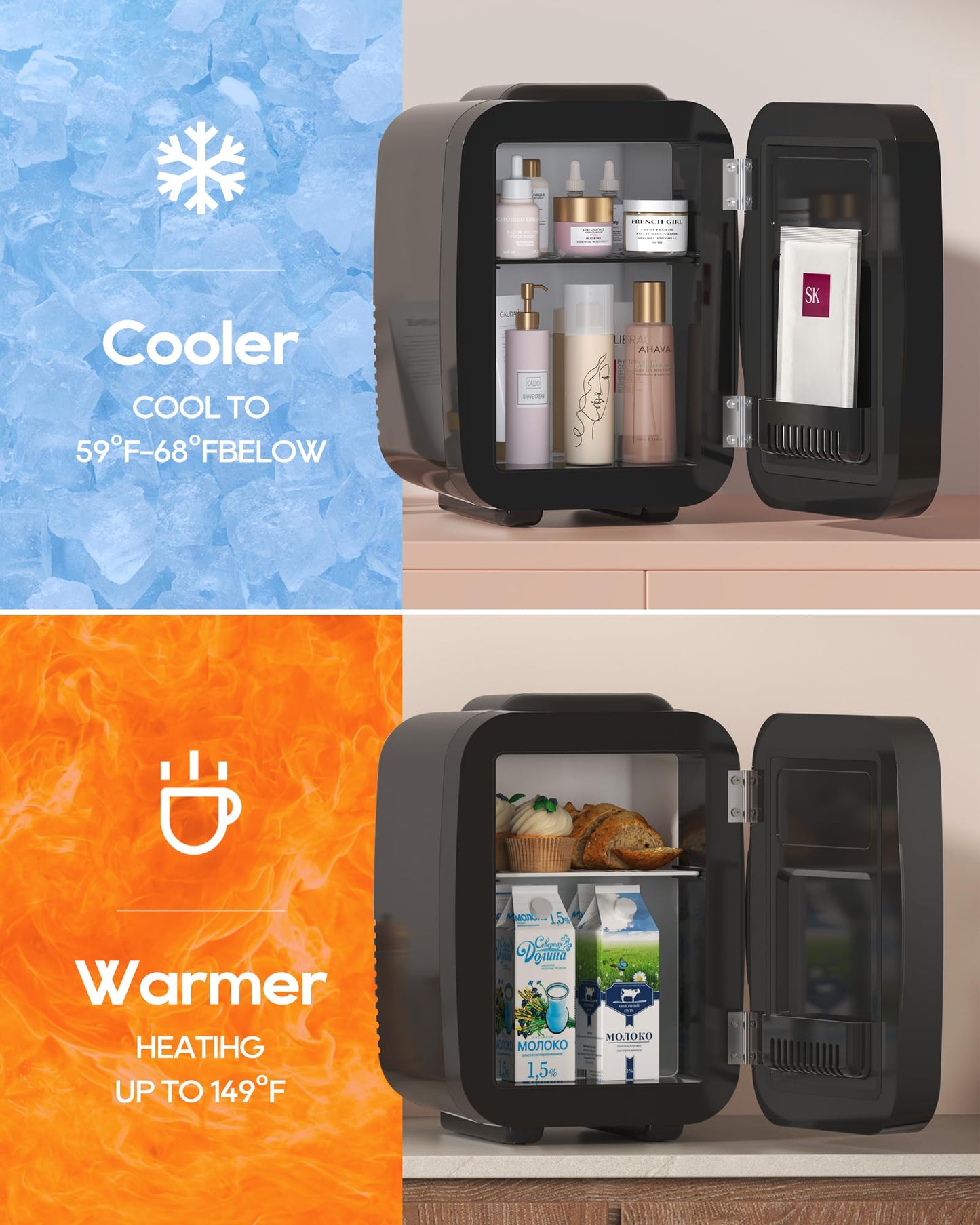 Black Skincare Fridge | Dimmable LED Mirror Mini Cooler for Vanity & Bedroom