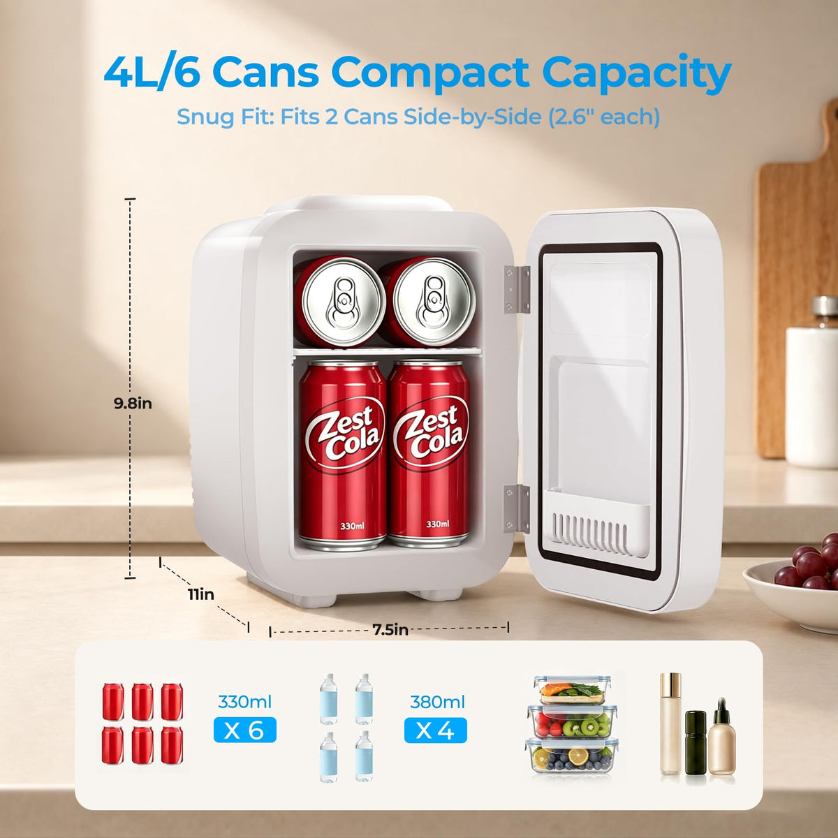 BEICHEN Mini Fridge, 4 L/6 Can Small Fridge for Bedroom, Car, Office, AC/DC