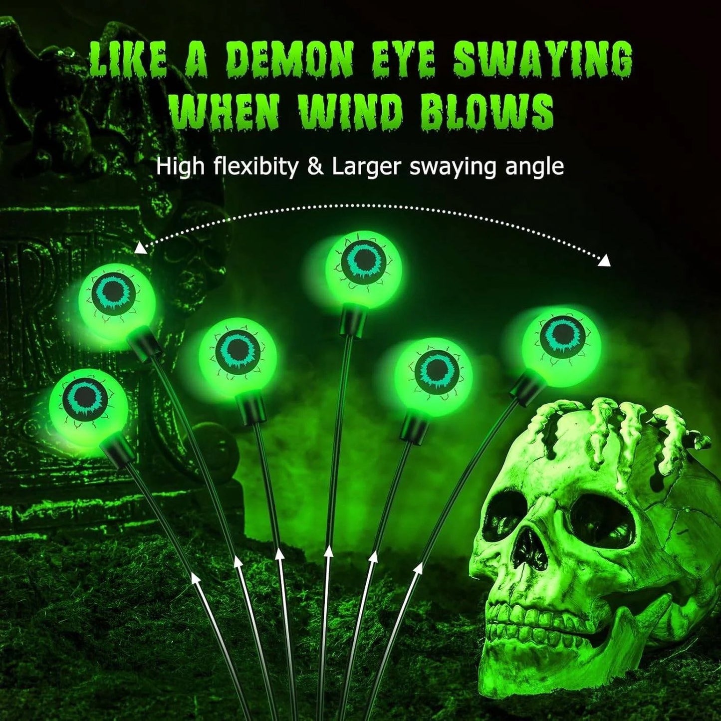 Morfone Halloween Decorations Outdoor, 2 Pack 12 LEDs Solar Scary Eyeball Lights, Waterproof Eyeball Swaying Firefly Lights, Halloween Path Lights for Garden Yard Party, Green