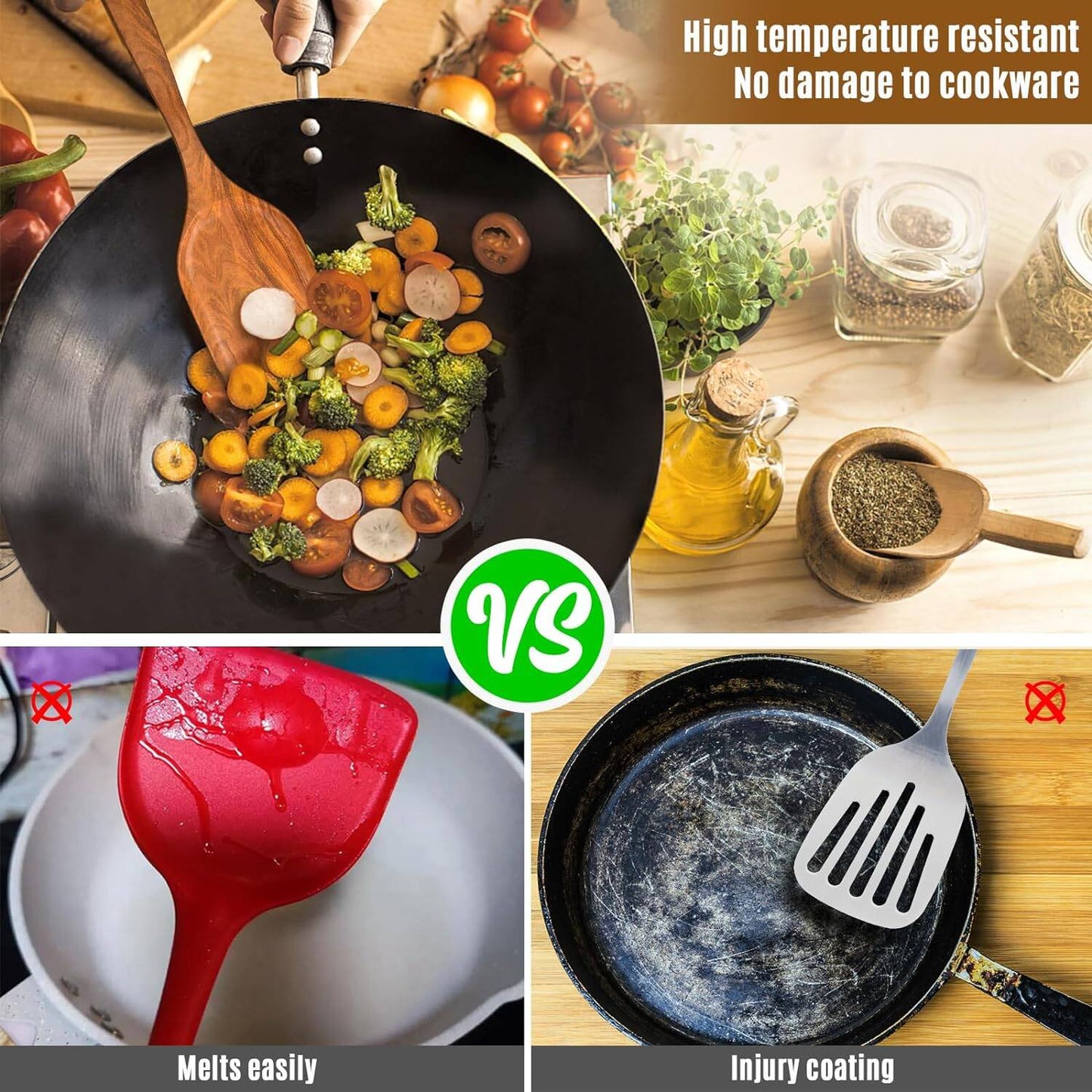 Anoak Wooden Spoons for Cooking - 7pc Wooden Kitchen Utensil Set made of Natural Solid Wood Material - Includes Spoons, Spatulas, Ladles, Strainer Spoon, Salad Fork, Mixing Spoon and Utensil Holder