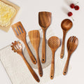 Anoak Wooden Spoons for Cooking - 7pc Wooden Kitchen Utensil Set made of Natural Solid Wood Material - Includes Spoons, Spatulas, Ladles, Strainer Spoon, Salad Fork, Mixing Spoon and Utensil Holder